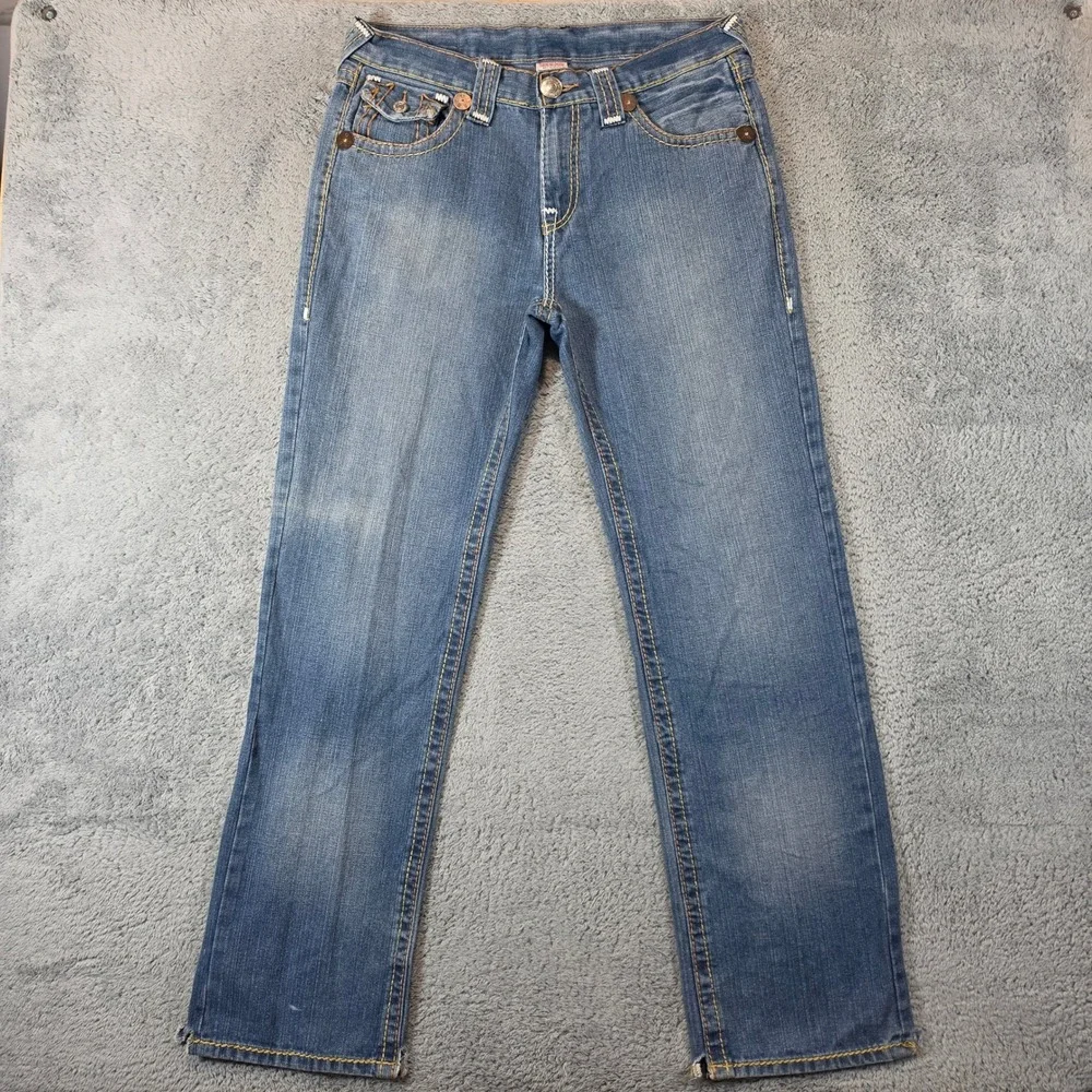 Vtg True Religion Ricky Big T Jeans Mens 34x32 Blue Straight Leg USA Made Stitch
